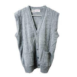 Vtg 70s Career Club Mens Gray Medium Sweater Knit Cardigan Vest Pockets Grandpa